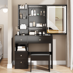 Small Space Left Drawer Desktop Vanity Table + Cushioned Stool, Extra Large Touch Control Sliding LED Mirror, Tri-color Switching