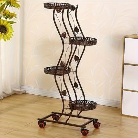 1pc Iron Multi-layer Movable Push-pull with Wheels Space-saving Flower Rack Balcony Living Room Flooring Green Flower Pot Stand